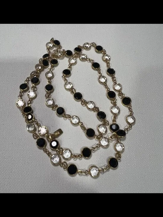 Swarovski Swan Signed Clear Black Bezel Crystals Gold Tone Necklace - Picture 3 of 6